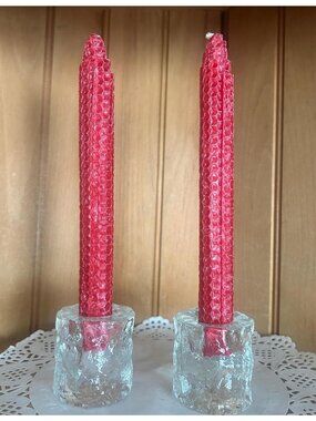 Vintage Ice Textured Clear Glass Scandinavian Mid Century Candle Holders